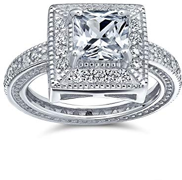 2CT Vintage Art Deco Stil Zirkonia Milgrain Prinzessin Schnitt Quadrat Halo AAA CZ Versprechen Verlobungsring mit Ewigkeitsband für Frauen .925 Sterling Silber