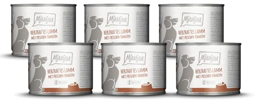 MjAMjAM - Premium Nassfutter für Hunde - herzhaftes Lamm an gekochtem Reis mit frischen Tomaten, 6er Pack (6 x 200 g), naturbelassen mit extra viel Fleisch