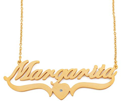 Kigu Margarita Name Necklace Personalised Heart Shaped Gold Plated, Custom Dainty Name Pendants, Jewellery for Ladies, Girlfriend, Mother, Sister, Friends Inc Bag & Box