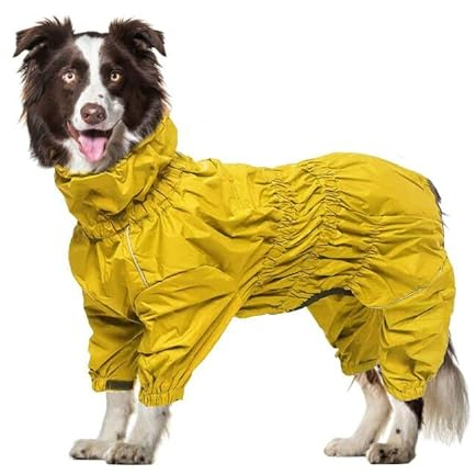 Geyecete -Regenmantel für hunde mit vier Beinen,Hunde Regenjacken Hosenanzug mit Geschirr loch, reflektierender vollwickel elastisch wasserdicht mantel fur Groß mittel und klein hunde -Gelb-M