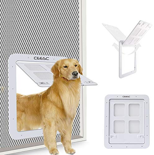 CEESC Zanzariera per Cani (Dimensioni Esterne 43 cm x 37 cm), zanzariera per Animali Domestici con Serratura per Cani e cagnolini, Porta per Cani per Porta con Schermo (L, Bianca)