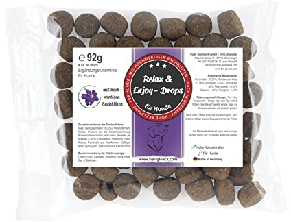 Trade Teamwork Relax Drops Hund – Beruhigungs-Leckerlis gegen Stress, Angst & Unruhe – Natürliche Entspannung, Beruhigung & Nervosität – Mit Bachblüten, Kamille & Kräutern – 92g, ca. 60 Stück