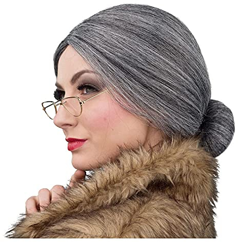 WOOOOZY NEU Perücke Damen Oma Großmütterchen mit Knoten Dutt und Brille, Silbergrau - mit Haarnetz