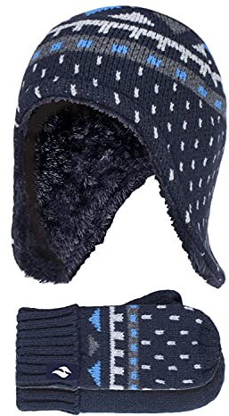 HEAT HOLDERS - Boys Outdoor Faux Fur Pom Pom Hat with Ear Flaps & Mittens Gloves (3-6 Years, Navy)