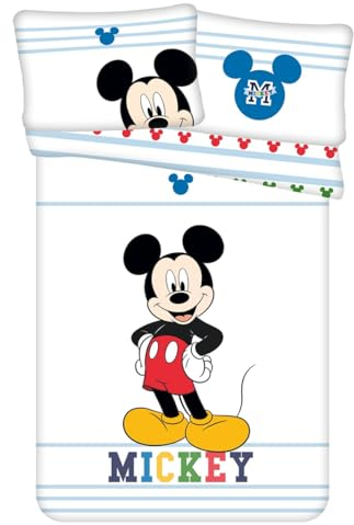 Disney Kinderbettwäsche Mickey Maus mit blauen Streifen Bettdecke 100 x 135 cm + Kopfkissen 40 x 60 cm 100% Baumwolle