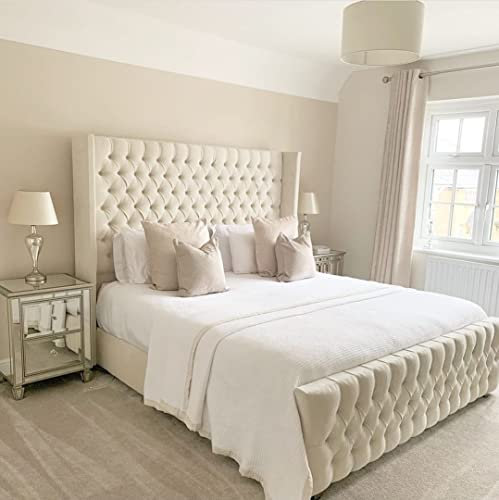 Opulence Dream Upholstered Wingback Bed Frame Double King size Super King size Without Mattress plush velvet headboard fabric/Daimond buttons., Cream