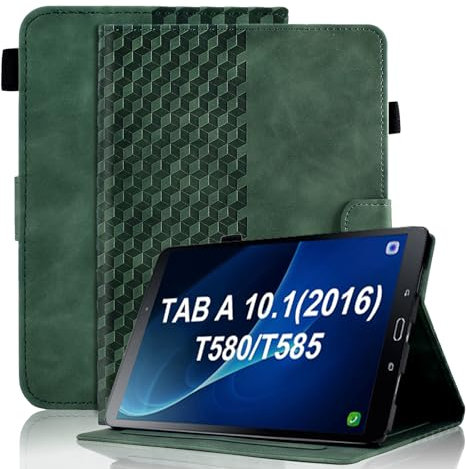 Vkooer Coque pour Samsung Galaxy Tab A6 10.1 Pouce 2016 Housse SM-T580/T585 Cuir PU Etui Flip Portefeuille Case Treillis avec Multi-Angle Support et Poche, Vert foncé