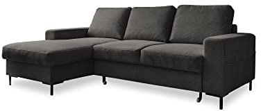 MIUFORM Ecksofa mit Schlaffunktion und Bettkasten | Lofty Lilly | Wohnladschaft Couch Schlafcouch Wohnzimmer Gästezimmer | Cord-Stoff Metallfüße (Grau, Links ausgerichtet)