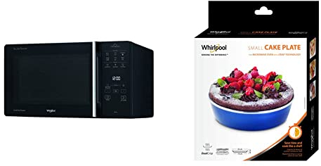 Whirlpool MCP 349 BL Chef Plus Microonde termoventilato combinato, con griglia alta, griglia bassa, piatto Crisp + maniglia, 25 litri, Nero & AVM190 Piatto Crisp a bordo alto (tortiera)
