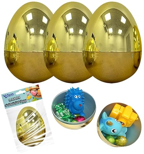 SRVertex Ostereier, befüllbar, Kunststoff, riesig, leer, extra großer Ostereier, Scharnierverschluss, goldfarben, 10 cm hoch, 3 Stück
