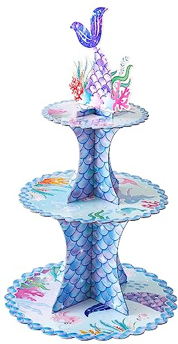 Soleebee Alzata per torte in cartone, 3 ripiani, supporto per cupcake, supporto per dolci, torre, muffin, accessorio per feste di compleanno, matrimonio, feste, torte, panini (1 pezzo, sirena A)