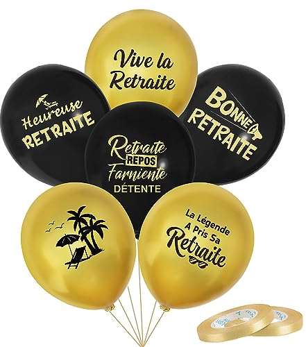 24Pcs Ballon Thème Retraite Noir Or en Latex pour Femme Homme Décoration Cadeau Fête avec Ruban