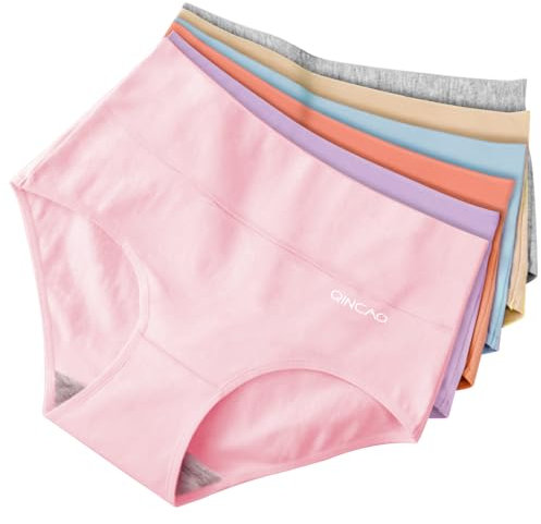 QINCAO Unterhosen Damen, 6er Pack Hohe Taille Slips Baumwolle Unterwäsche, Stretch Atmungsaktiv Panties Weich
