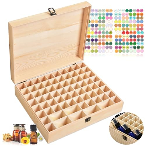WishesMar 74 Löcher Aufbewahrungs-box Ätherische Öle aus Holz - Holzkiste Bietet Platz für 5 10 15 ml Ätherisches Öle Flaschen - Tragbar Organisator Holzbox für Duftöle Ausstellung, Lagerung