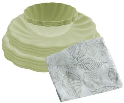 Platos Desechables - Kit de fiestas - 24 platos en forma de flor de 23 cm, 24 platos de 19 cm, 6 bowls y un mantel - Fabricado con Caña de Azúcar - Color: Verde - Aktual