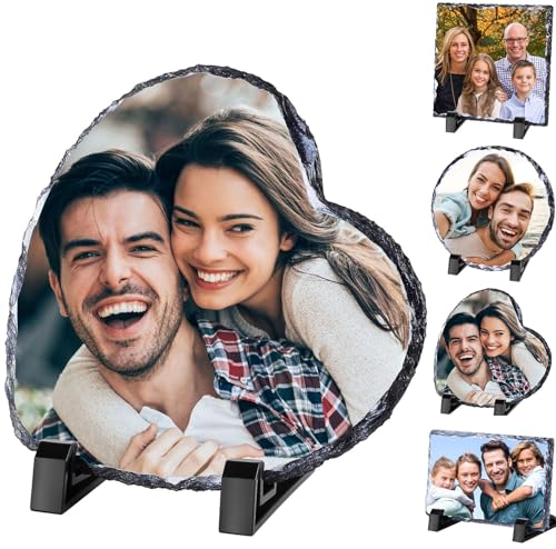 LLLGSH Personalisiertes Schieferplatte mit Foto für die Familie - Tafel aus Schiefer mit eigenem Bild - Pärchen Weihnachten Geschenke Geburtstag Muttertag Vatertag Valentinstag - Herz 14×14cm