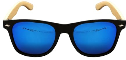 Rennec Retro Sonnenbrille Polarisiert Blau Verspiegelt Bambus Holz Bügel Nerd Brille Schwarz Anglerbrille Hardcase