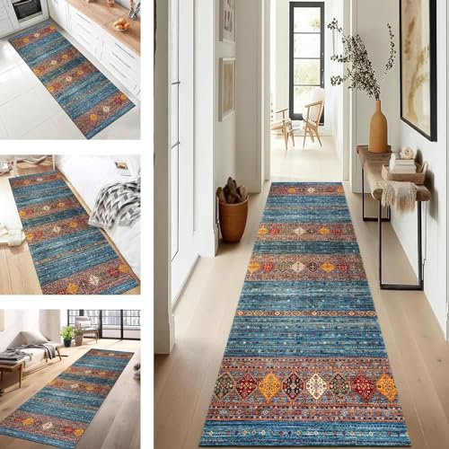 SUCERU Läufer Flur Küche Waschbar rutschfest 90X180CM Vintage Blau Rot Marokko Boho Style Lang Küchenteppich Flurteppich Teppich Fur Korridor Wohnzimmer Schlafzimmer Meterware Anpassbar