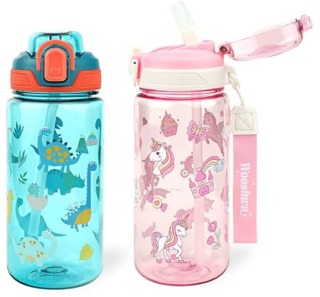 wooshwa Gourde Enfant avec Paille, Anti-Fuite, Étanche, 600 ml Bouteille Enfant sans BPA, Verrouillage Sécurisé, Bouteilles d'eau pour Maternelle l'école Sport, Lot de 2, Dinosaure & Licorne