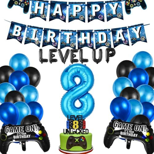 YOUYIKE Videospiel 8. Geburtstag Dekorationen, 32 Stück Luftballon 8. Geburtstag Junge, 8th Videospiel Cupcake Topper, 8. Gamer Deko Geburtstag, für Kinder Videospiel Thema Party Zubehör