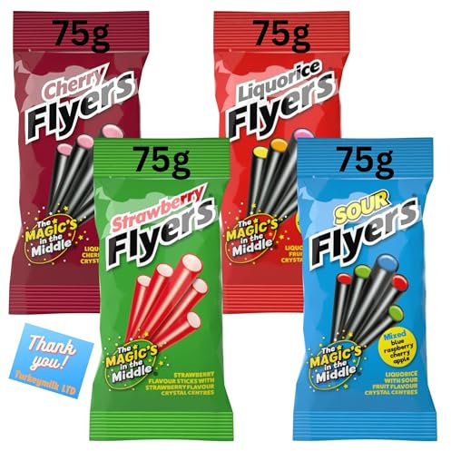 Liquorice Sweets Bundle Containing Liquorice Flyers Various Flavours - Strawberry, Sour, Cherry, 75g Each