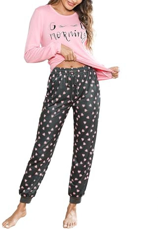 Bresdk Ensembles de Pyjamas Femme Hiver Coton Pyjama Noel Femme n à Manches Longues Vêtements de Nuit à Col Rond Chaud et Doux Deux Pièces Rose L