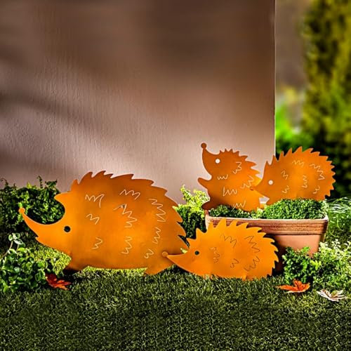 AIDNTBEO Set Of 4 Rustic Garden Stakes For Autumn Decor, Rusty Metal Hedgehog Figures For Gardening Accessories,garden Ornaments Outdoor Animals