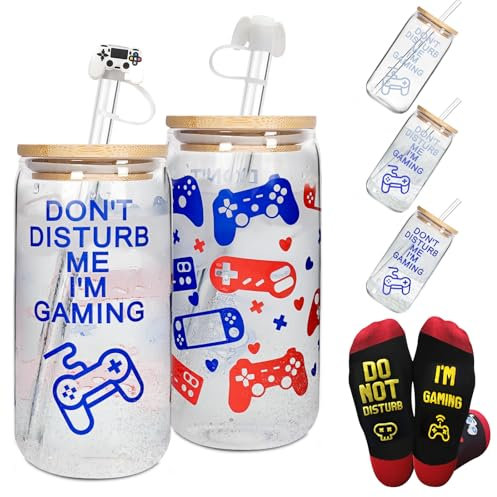 ANOTION Color Changing Gamer Coffee Cup -18oz/532ml Gaming Mug Glass Cup with Lid and Straw Christmas Gifts for Boyfriend Teenage Boys Men Cool Gaming Accessories Birthday Party Decorations-One Pack