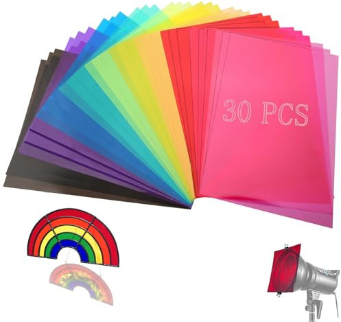 SWTYExt 30 Stück Folie Hitzebeständig für Lampen 10 Colours Lampenfolie 29,7 x 21cm Farbfolien Gel Farbfilter A4 Transparente Farbkorrektur für Scheinwerfer Foto Lampe Grafie Studio Strobe Blitz LED