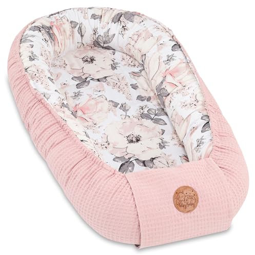 Babynest Neugeborene Nestchen Baby - 90x50 cm Kokon Handmade zweiseitig aus Waffel Piqué Baumwolle Schlummer Wilde Rose