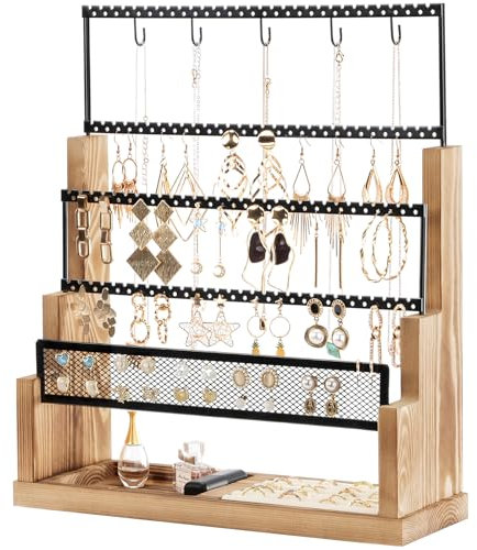 Lolalet Ohrringständer 5 Tiers Jewelry Organizer Ohrring aufbewahrung mit 260 Löcher für Ohrstecker Baumeln Reifen Ohrring Halskette Armband Holz Rustic Display Storage mit Samt Ring Tablett -Natur
