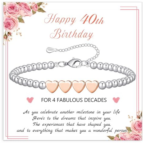 BMMYE 40th Birthday Gifts for Women,Silver Bead Bracelet with Rose Gold Heart Adjustable Sterling Silver Bracelet Birthday Gifts with Cards for Mum Daughter Sister Grandma