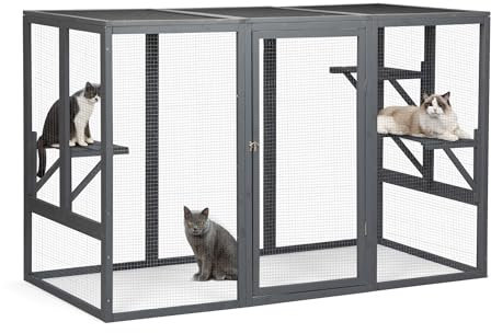 71 Catio Outdoor Cat Enclosure, Wooden Weatherproof Cat House for Outdoor Indoor, Large Cats Enclosure & Condos, Cattery for Cats with Lockable Door, 3 Platforms