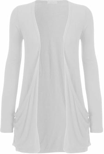 FASHION STOP Ladies Casual Long Sleeve Open Front Cardigans Lightweight Solid Color Women’s top Stylish Comfortable Versatile Ladies Long Sleeve Pocket Cardigan Sizes 8-26 White