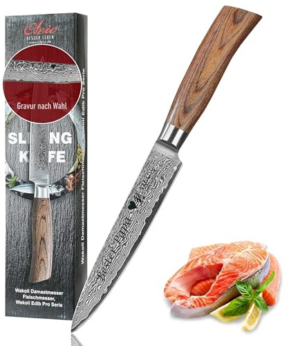 Wakoli EDIB Pro Damast Fleischmesser mit Gravur – Personalisiertes Tranchiermesser, 17 cm Klinge aus 67 Lagen Damaststahl (VG10-Kern), Pakkaholzgriff – Profi Küchenmesser in Geschenkbox