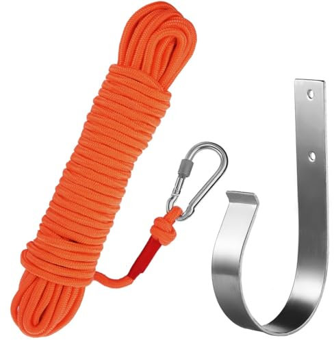 50Ft Nylon Lifebuoy Line with Spring Hook, Hollow Polyester Rescue Rope Single Hook, Outdoor Heaving Line for Climbing Fire Safety, Orange Rope