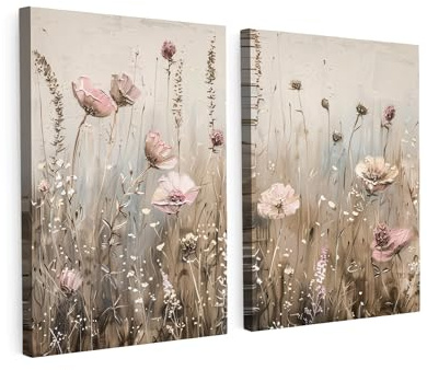 MuchoWow© Bild auf Leinwand 2er Set Schlafzimmer Bilder Badezimmer Wand | 60x40 cm - Deko Wohnzimmer Modern Wanddeko Bilderwand Wandbilder Blumen - Beige - Rosa