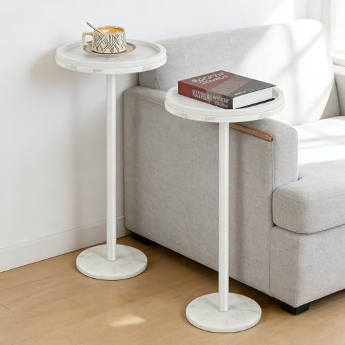 smusei 2 Pack Small Round Side Table Drink Table with Marble Base Pedestal Table for Small Spaces Round End Table with Anti-Fall Guard for Living Room Bedroom Home Decor, White