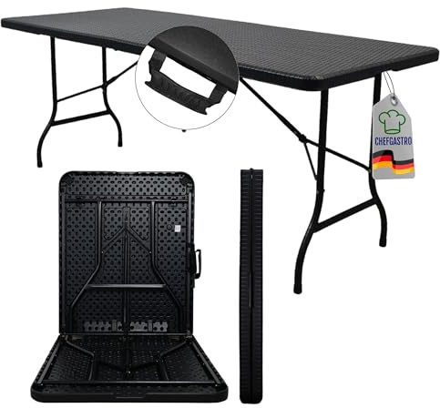 CHEFGASTRO Buffettisch klappbar 180x74cm Gartentisch wetterfest mit Tragegriff 8 Personen Kunststoff Rattan Optik Schwarz Klapptisch Tragbar Campingtisch Outdoor für Garten Terrasse Balkon Partytisch