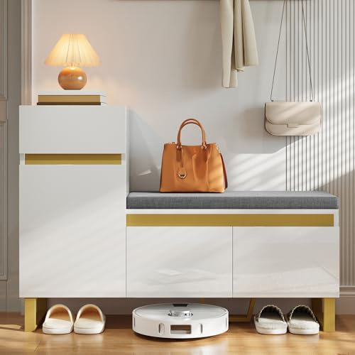 Merax Zapatero con banco, banco para zapatos con asiento, 3 puertas de almacenamiento, 1 cajón y estantes ajustables, diseño con detalles en color blanco brillante y dorado, 120 x 35 x 85 cm (largo x