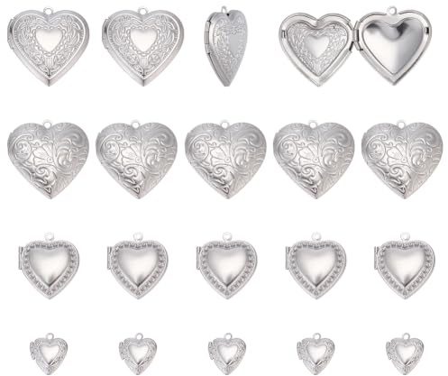 WADORN 20 Stück 4 Stile Rostfreier Stahl Herz Medaillon Anhänger Silber Bild Rahmen Anhänger Herz Geformt Bild Charms Liebe Hochzeit Foto Charms für Gedenk Halskette