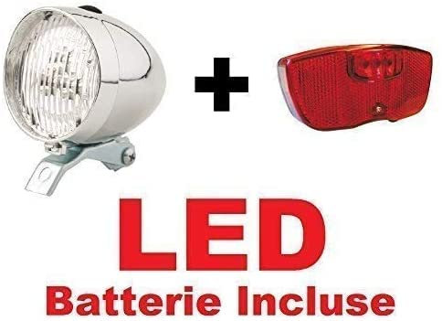 CicloSportMarket Kit Fanale Luce Anteriore Cromato + Fanale Posteriore al Portapacco LED + Campanello Argento Bicicletta Olanda - R - Graziella - Vintage - City Bike - Uomo/Donna - BATTERIE Incluse …