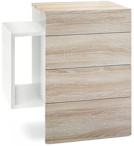 Vladon Nachttisch Queens, Made in Germany, Nachttischschrank mit 2 Schubladen und 1 seitlichem Fach zur Wandmontage, Weiß matt/Eiche Sägegrau (60 x 63 x 36 cm)