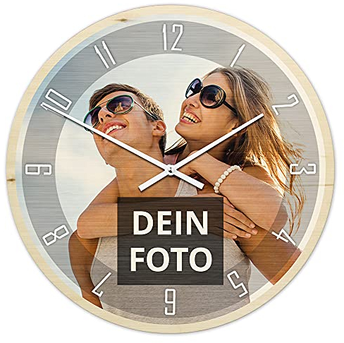 PhotoFancy® - Uhr mit Foto Bedrucken - Fotouhr aus Holz - Wanduhr mit eigenem Motiv selbst gestalten (60 cm rund)