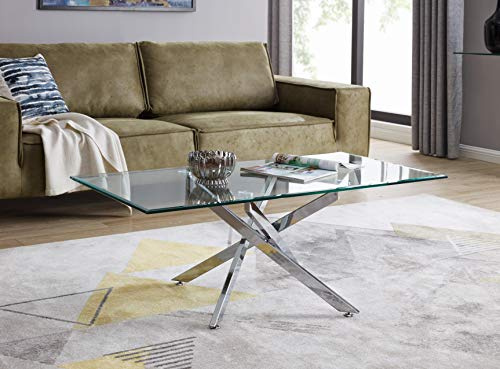 Furniturebox UK Leonardo Rectangular Glass Coffee Table with Chrome Metal Starburst Legs Modern Minimalist Style