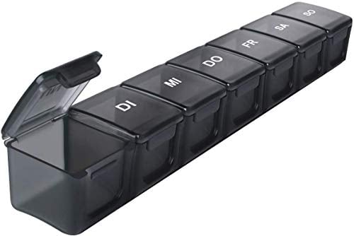 Tablettenbox 7 Tage Deutsch, SUKUOS XL Groß Pillendose 7 Fächer, Medikamenten-Box für 7 Tage (Schwarz)