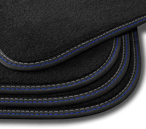 Bär-AfC Auto Fußmatten Premium passend für VW Passat 3G / B8 ab 2014, Autoteppiche Velours Schwarz, Nubuk Band Schwarz, Doppelnaht Silber + Blau, Set 4-teilig, VW09925