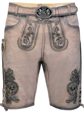 Edelnice Trachtenmode Bayerische Traditionelle Kurze Lederhose Felix aus Ziegenleder mit aufgerauter Stickerei inkl. Gürtel Gr. 50