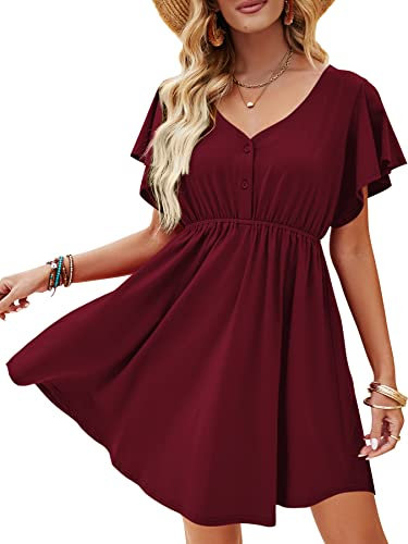 Beluring Ladies Dress Summer V Neck Wrap Dress Ruffle Sleeve Soft Short Dress Burgundy Size 18-20