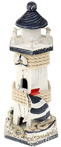 MACOSA BG05243 Deko-Leuchtturm Holz Ton zum aufstellen Blau Weiß maritim Badezimmer-Dekoration Badaccessoire Dekofigur Baddeko Nautisch Bad Deko